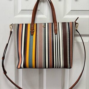 Tory Burch Multicolor Striped Canvas Tote with Brown Leather Handles